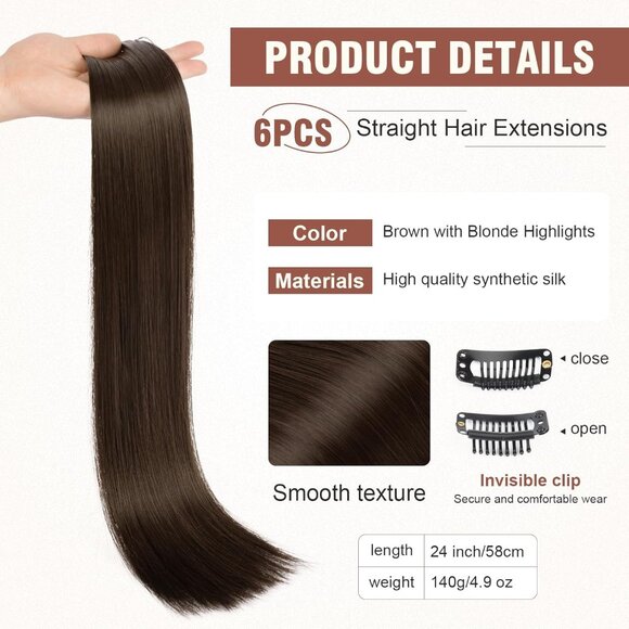 New 6PC Clip-in Hair Extensions 24" Straight Synthetic - Chestnut Brown - Picture 2 of 5